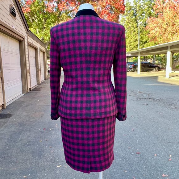 Vintage Jones New York Velvet Trim Plaid Lined Wool Skirt Suit Size 14 - Picture 7 of 13